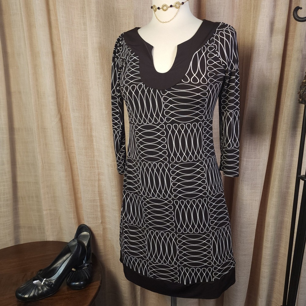 Y2K Sweet Storm Mod Mini Dress M Black White Geometric Keyhole 3/4 Sleeve